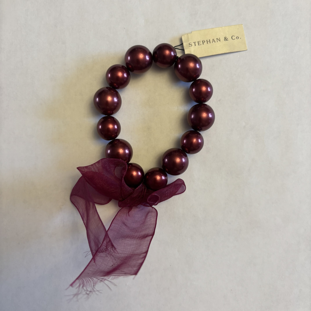Stephan & Co. Red Faux Pearl Stretch Bracelet Ribbon Bow Chunky Beads NWT